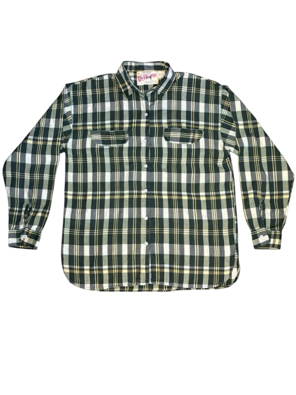 Vintage plaid button up shirt lightweight plaid green yellow L boyfriend grandpa